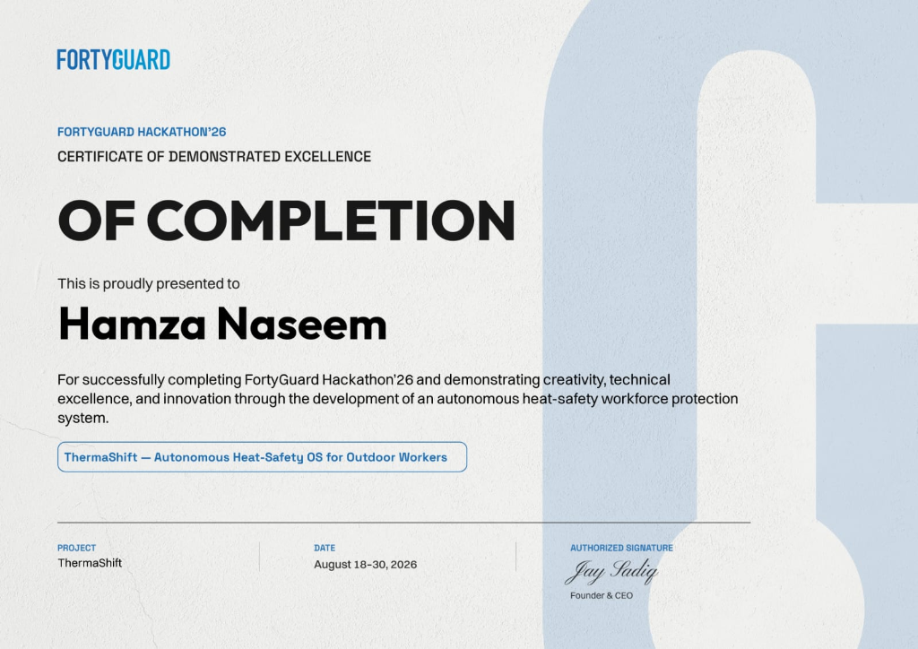 FortyGuard Hackathon'26 Certificate of Completion — ThermaShift AI by Hamza Naseem, August 18-30, 2026